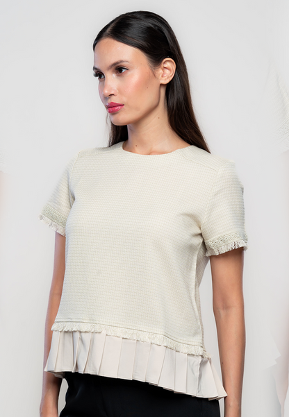 Mose Tweed Blouse with Fringe and Pleated Hem