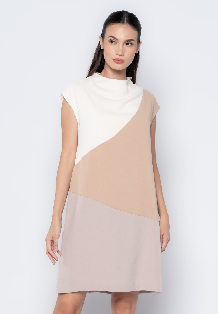 Tri-Color Blocking Cowl Neck Dress