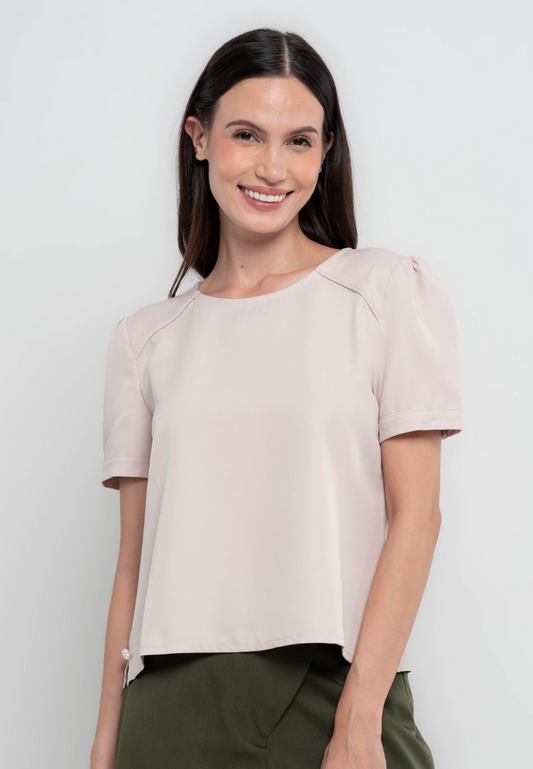 Megan Short Sleeves Plain Top w/ Pearl Embellishment on Side Slits