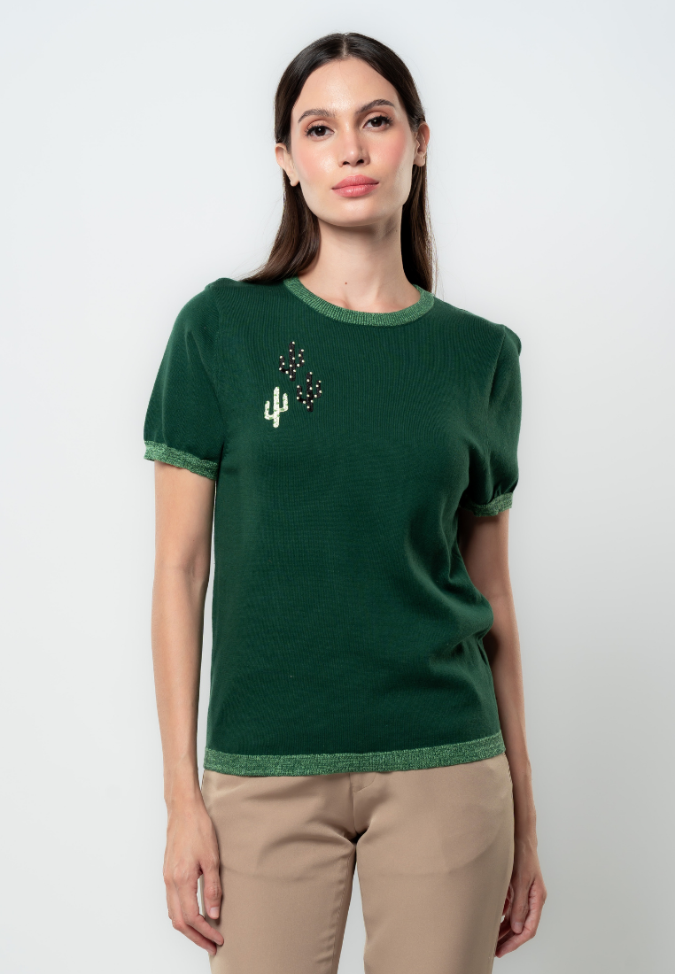 Cathy Cactus Embroidered Flat Knit Top