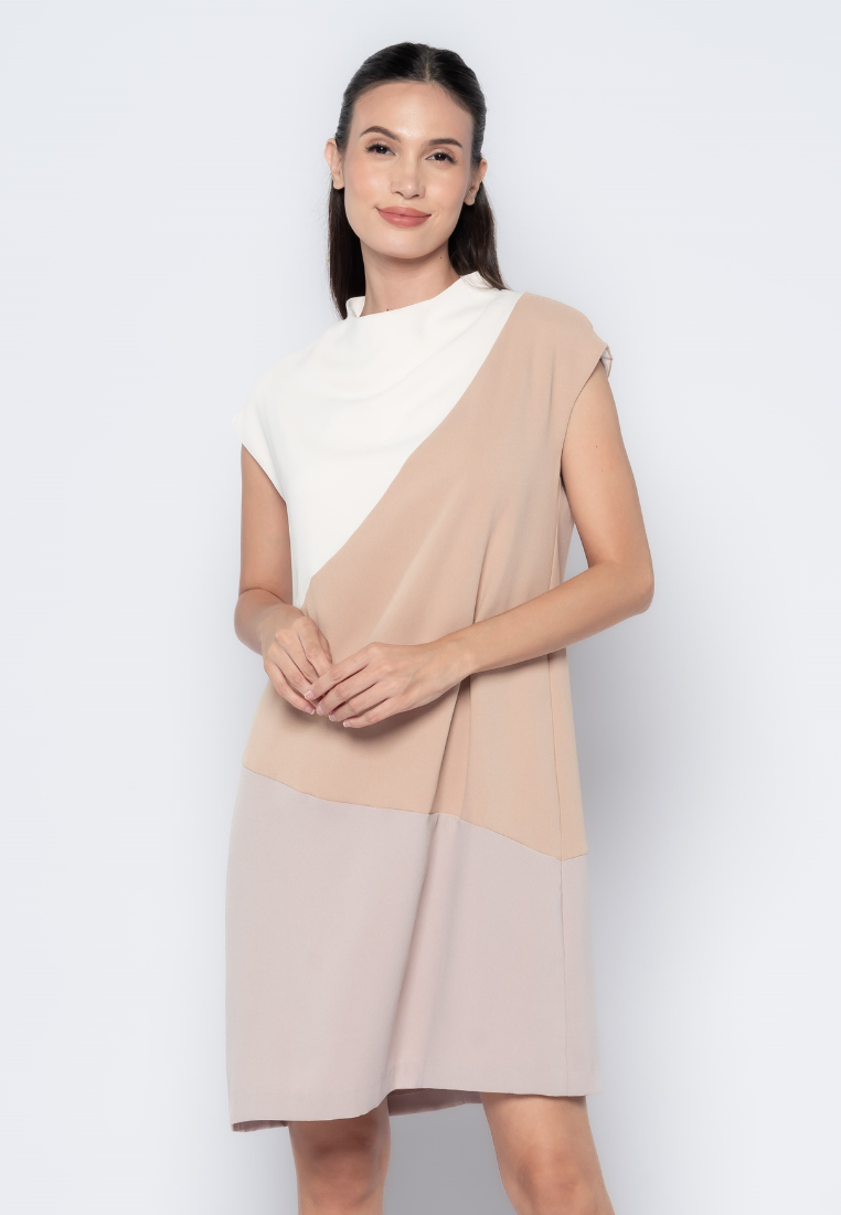 Tri-Color Blocking Cowl Neck Dress