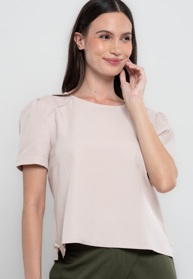 Megan Short Sleeves Plain Top w/ Pearl Embellishment on Side Slits