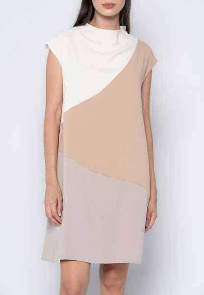 Tri-Color Blocking Cowl Neck Dress