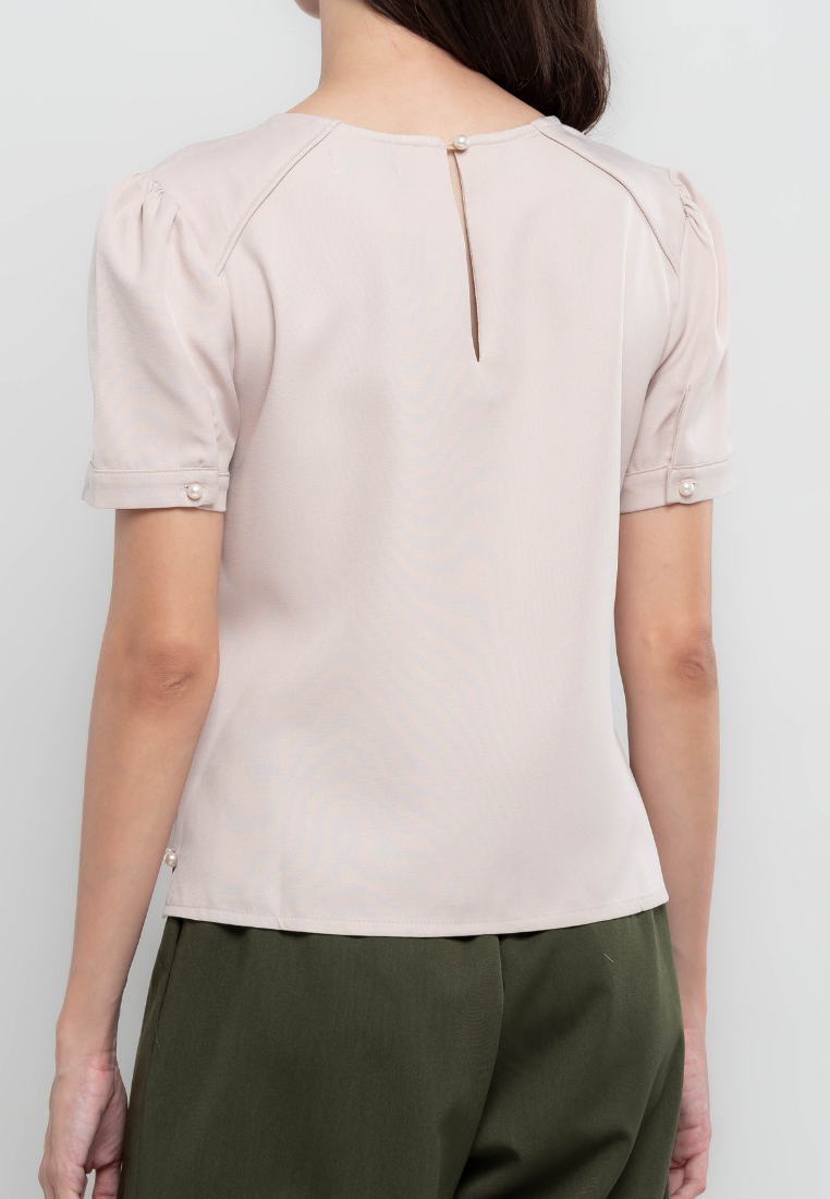 Megan Short Sleeves Plain Top w/ Pearl Embellishment on Side Slits