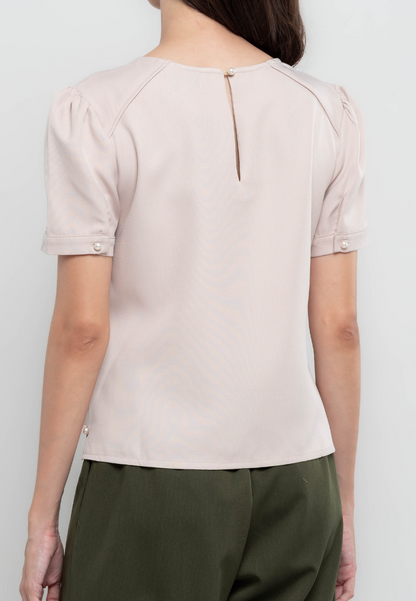 Megan Short Sleeves Plain Top w/ Pearl Embellishment on Side Slits