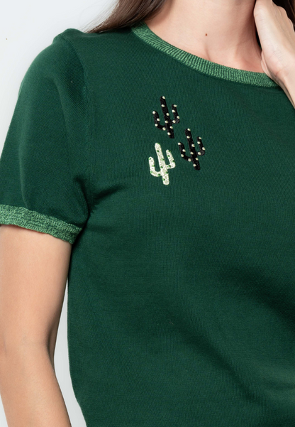 Cathy Cactus Embroidered Flat Knit Top