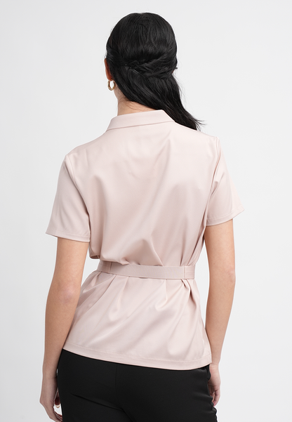Sophia Belted Collared Top - Short Sleeve Button Blouse