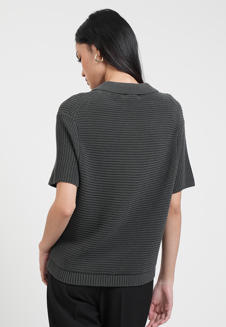 Estelle Collared Ribbed Knit Top with Curved Hem