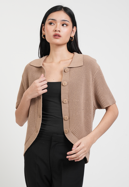 Estelle Collared Ribbed Knit Top with Curved Hem