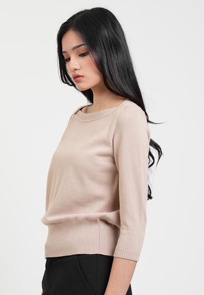 Cora Wide Boatneck 3/4 Sleeve Fine Knit Top