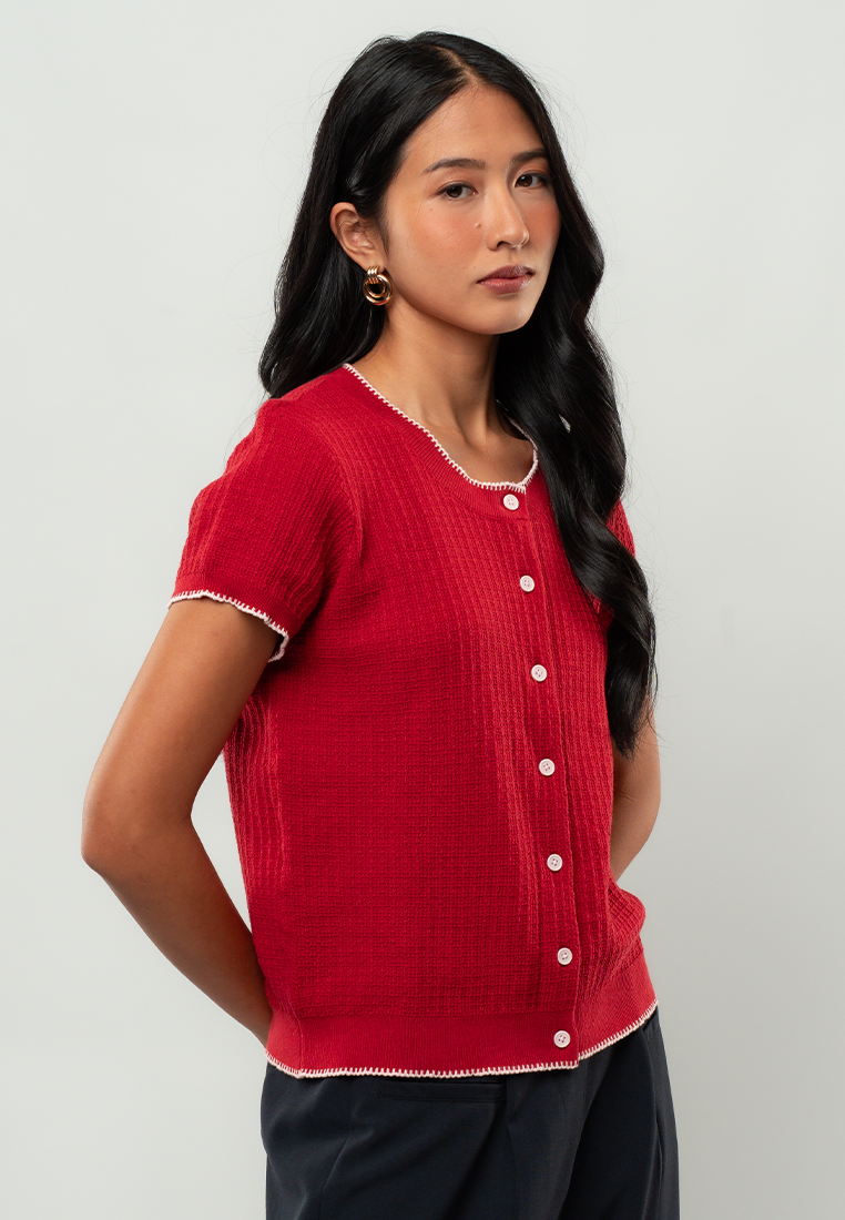 Elena Short-Sleeve Button-Front Knit Cardigan with Contrast Trim