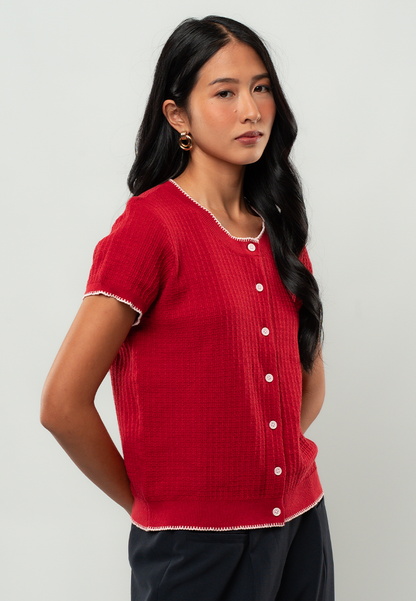Elena Short-Sleeve Button-Front Knit Cardigan with Contrast Trim