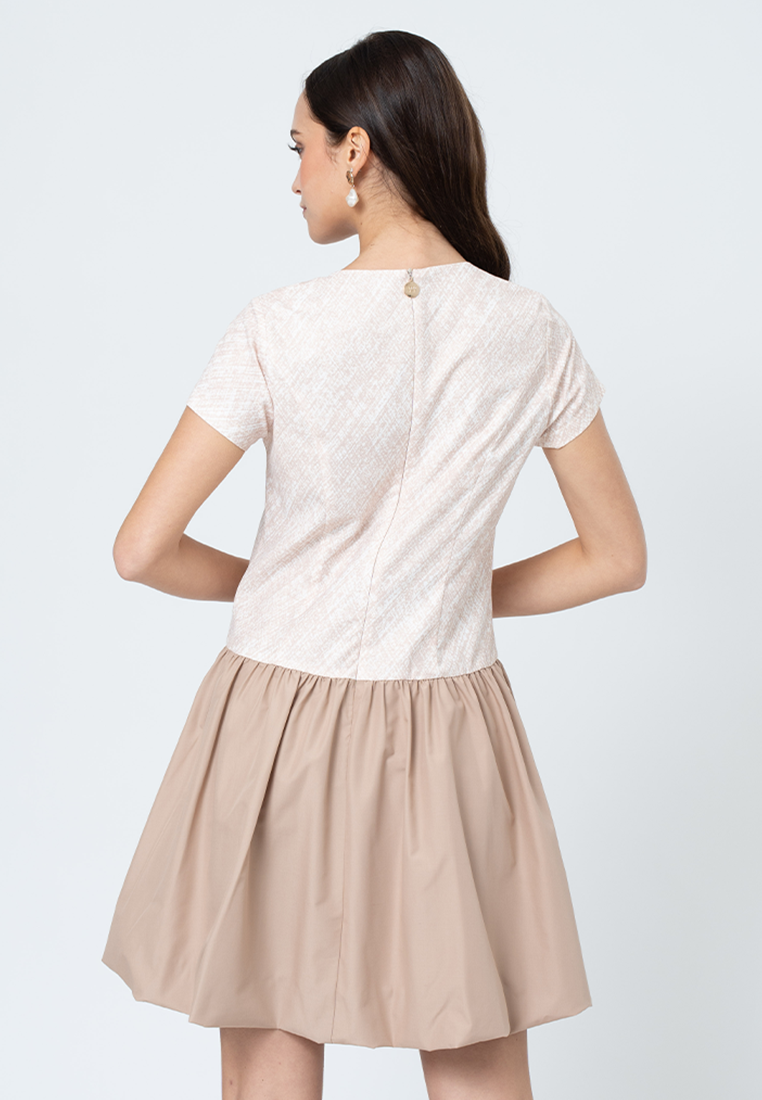 Tamsin Hatching Printed A-Line Dress with Contrast Plain Skirt