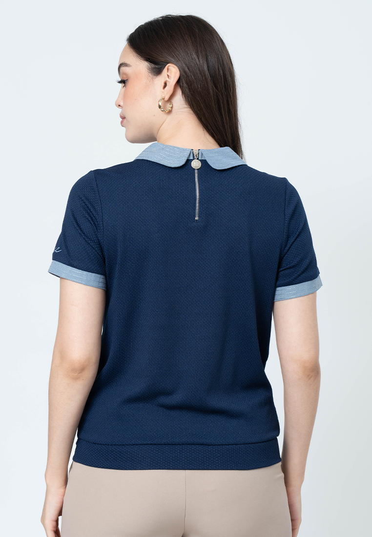 Kambria Knitted Top with Embroidered Collar and Contrast Sleeve Cuffs