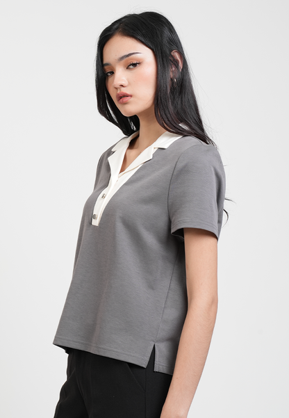 Vesper Button Placket Contrast-Collar Top