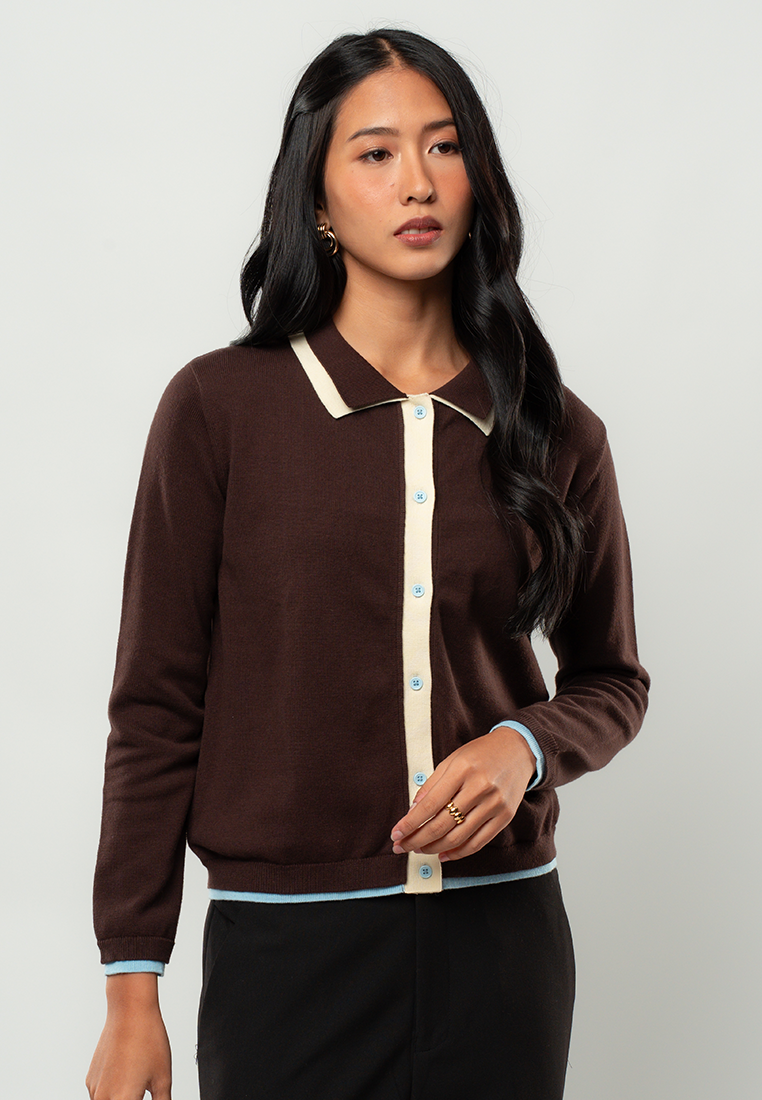 Maya Fitted Collared Cardigan with Contrast Placket