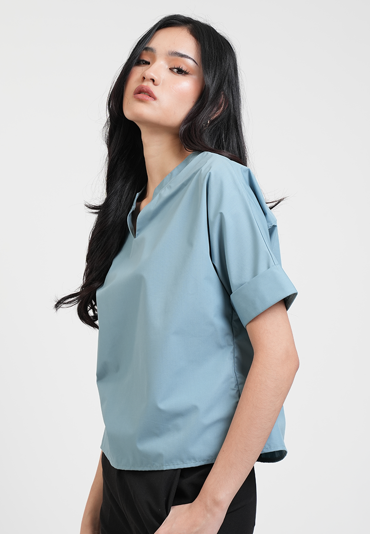 Aivee Notched Neckline Short Sleeve Blouse