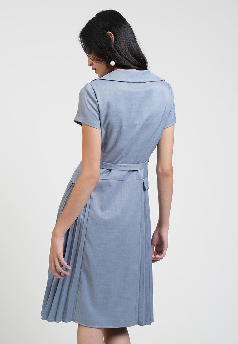 Claudette V-Neck Belted Pleated Hem Midi Dress