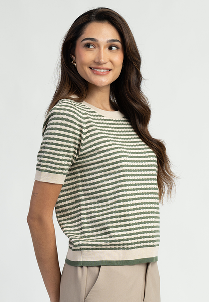 Zari Textured Stripe Knitted Short Sleeve Top