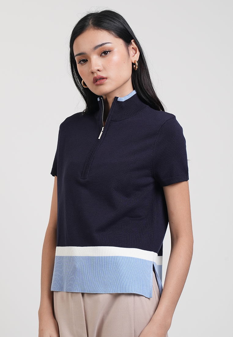 Catherine Colorblock Collared Zip Knit Top