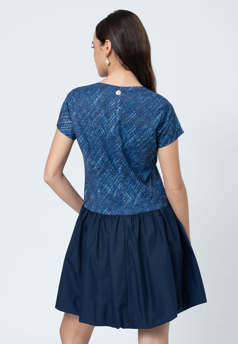 Tamsin Hatching Printed A-Line Dress with Contrast Plain Skirt