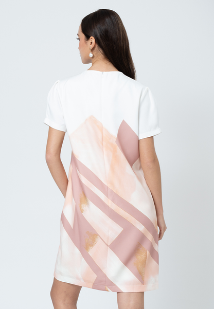 Verity Round Neck Geometric Printed Shift Dress with Semi-Gathered Short Sleeve