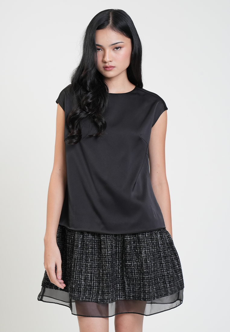 Chastine Cap Sleeve Satin Drop Waist Dress