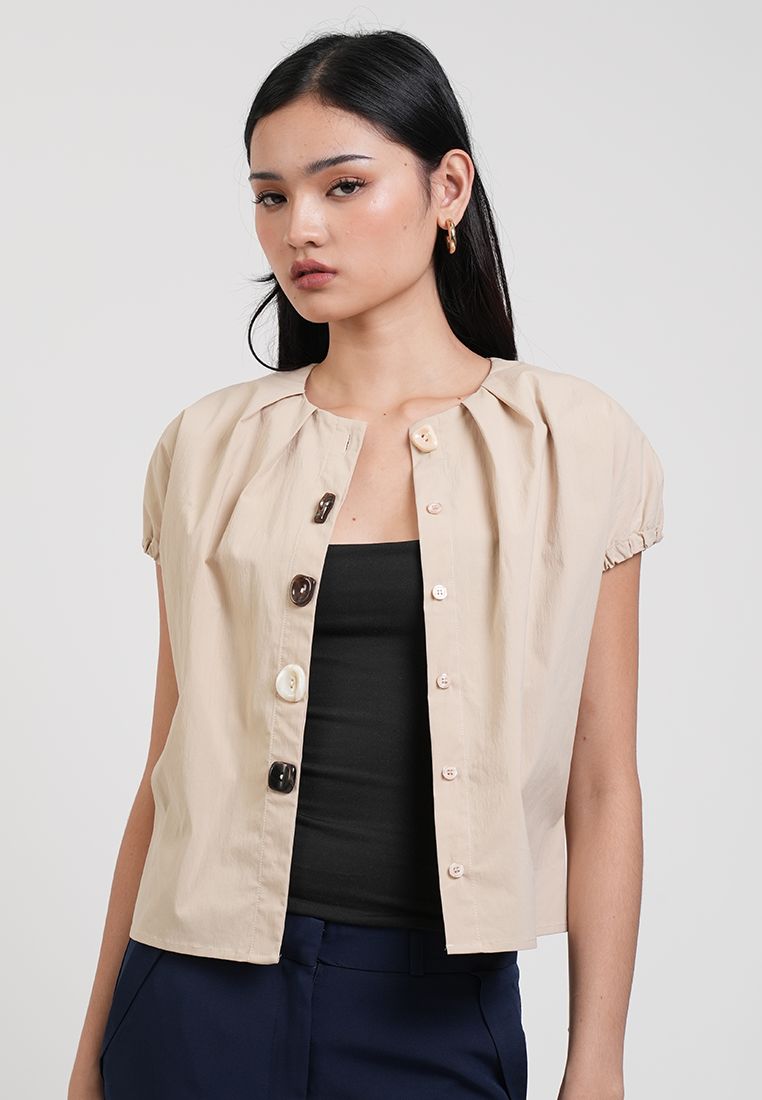 Nyra Pleated Neckline Multi-Tone Button Top