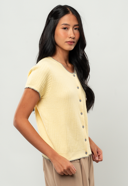Elena Short-Sleeve Button-Front Knit Cardigan with Contrast Trim