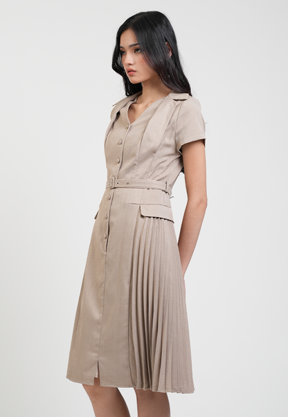 Claudette V-Neck Belted Pleated Hem Midi Dress