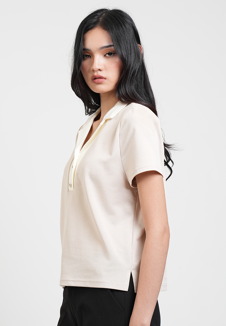 Vesper Button Placket Contrast-Collar Top