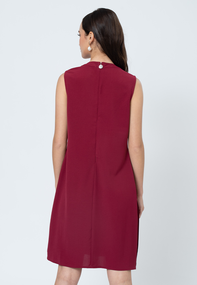 Isolde Pleated Sleeveless Shift Dress with Embroidery Waist Detail