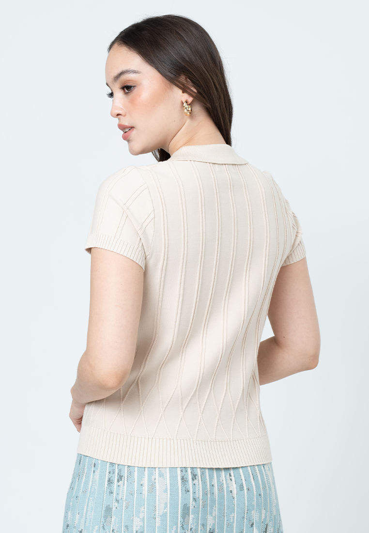 Mireille Collared Knit Top with Embossed Lines  and Zipper Placket