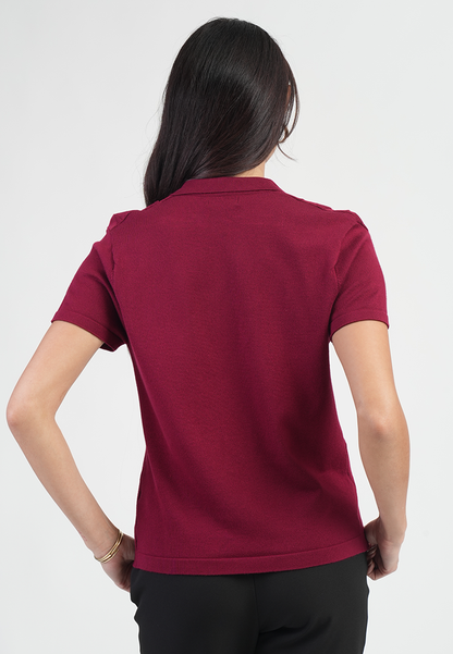 Maren Short Sleeves Polo Neck Diamond Knit Zip Top