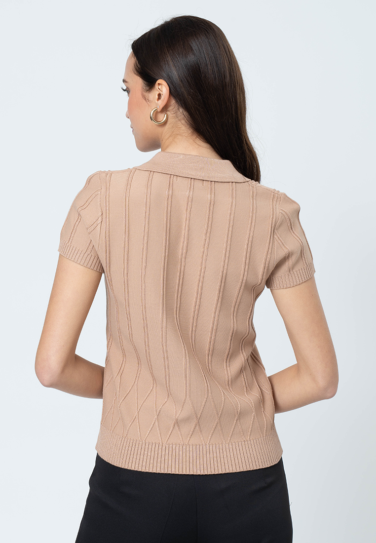 Mireille Collared Knit Top with Embossed Lines  and Zipper Placket