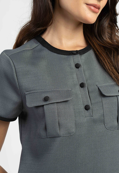 Clara Utility Placket Pleated Shift Dress