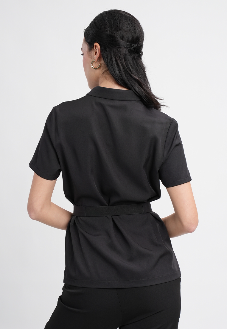 Sophia Belted Collared Top - Short Sleeve Button Blouse