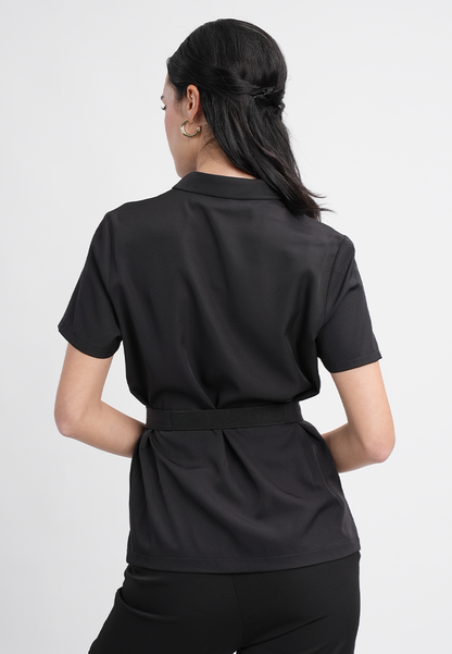 Sophia Belted Collared Top - Short Sleeve Button Blouse