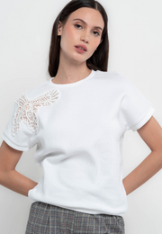 Kathleen Textured Knit Blouse with Broderie Shoulder Detail