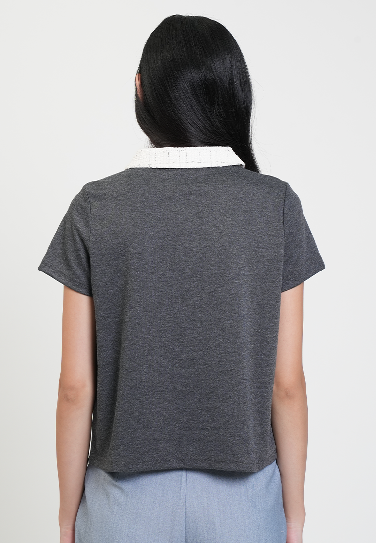 Mariella Contrast Tweed Collar Polo Top