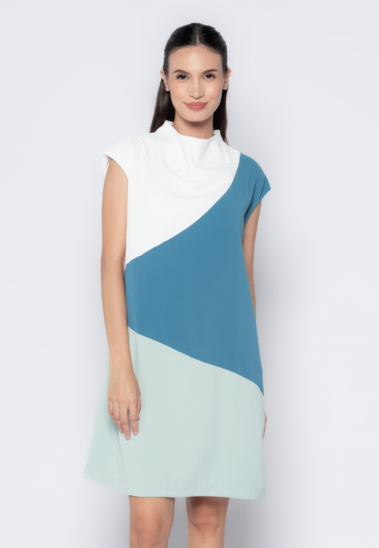 Tri-Color Blocking Cowl Neck Dress