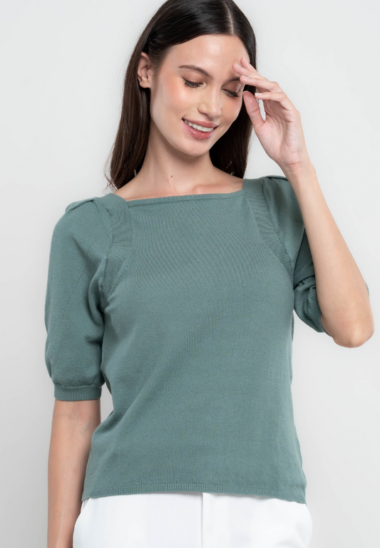 Viola Square Neckline Puff Sleeves Flat knit Top