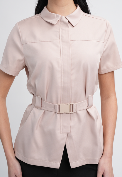 Sophia Belted Collared Top - Short Sleeve Button Blouse