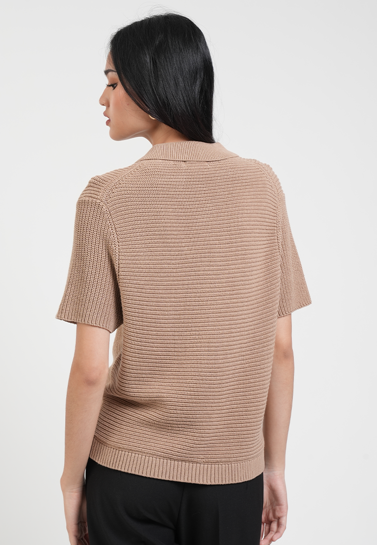 Estelle Collared Ribbed Knit Top with Curved Hem