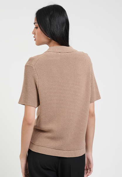 Estelle Collared Ribbed Knit Top with Curved Hem