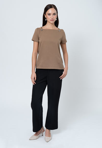 Fia Boat Neck Top with Decorative Ribbon Hardware and Braided Strap