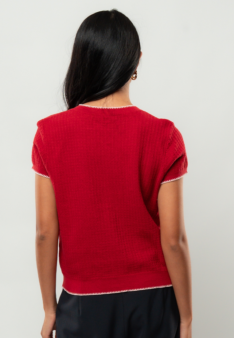 Elena Short-Sleeve Button-Front Knit Cardigan with Contrast Trim