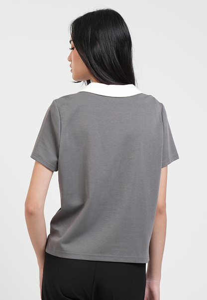 Vesper Button Placket Contrast-Collar Top