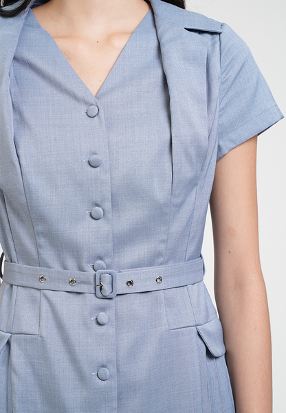 Claudette V-Neck Belted Pleated Hem Midi Dress