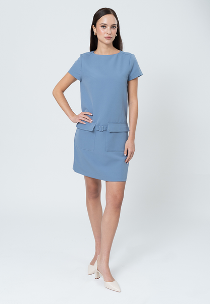 Cove Boat Neck Shift Dress with Pocket Detail and Attached Belt